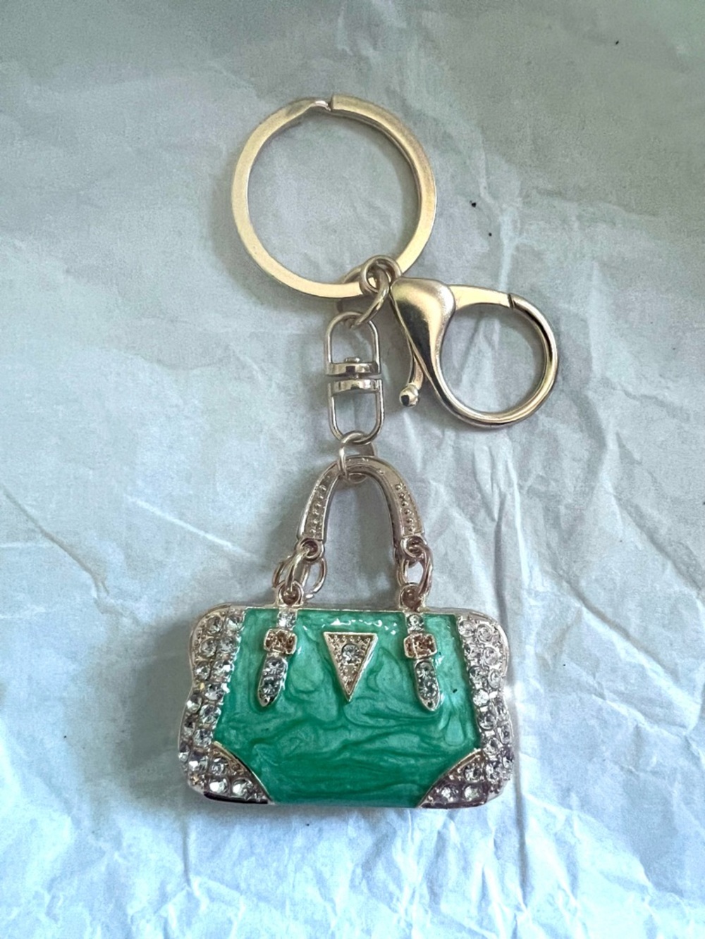 Keychain Bag Charm New Green Swirl Crystals Gold Tone